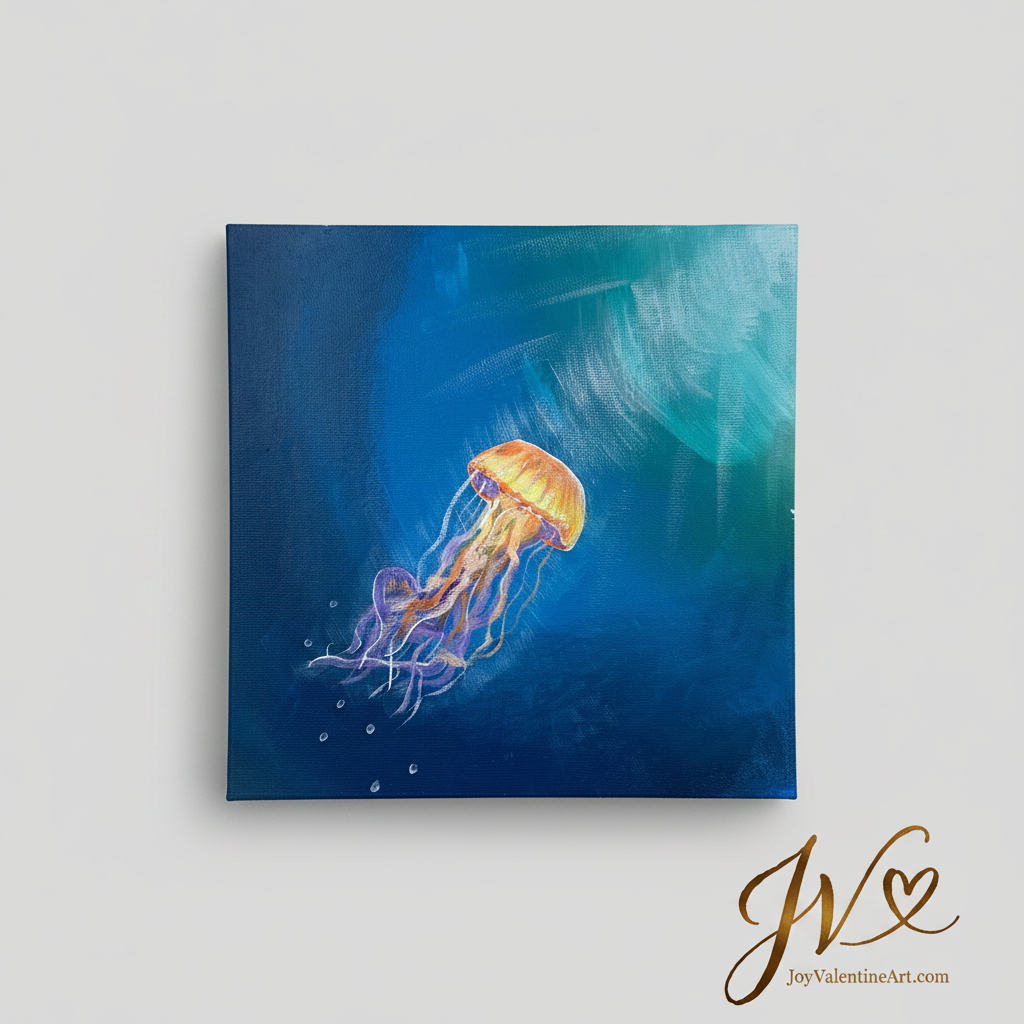 Ocean Glow Jellyfish Dance original acrylic painting unframed on light grey wall by Joy Valentine