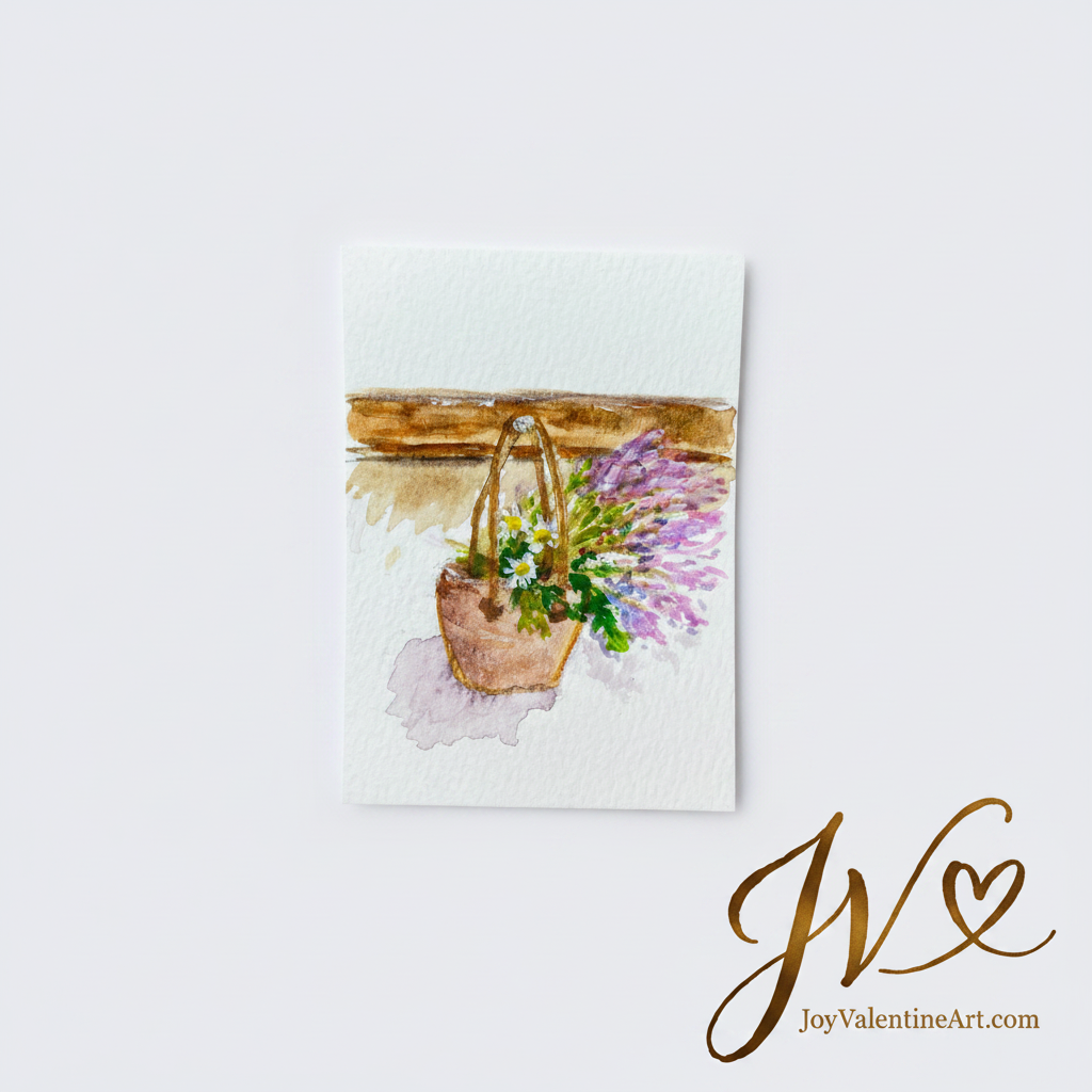 A Little Basket of Joy original acrylic ACEO painting unframed on light grey background by Joy Valentine
