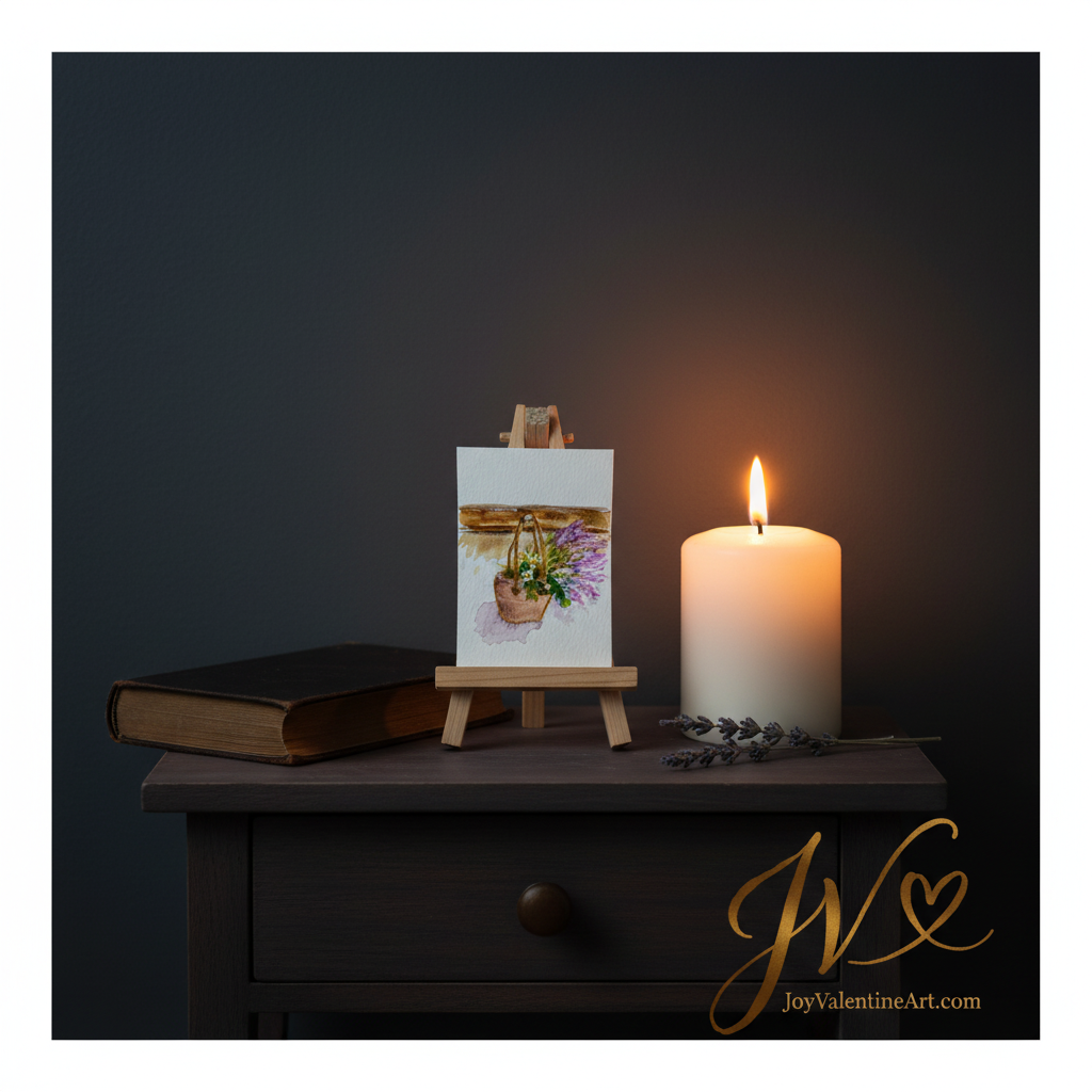 A Little Basket of Joy original acrylic ACEO painting on mini easel with dried lavender vase and candle in warm room scene by Joy Valentine