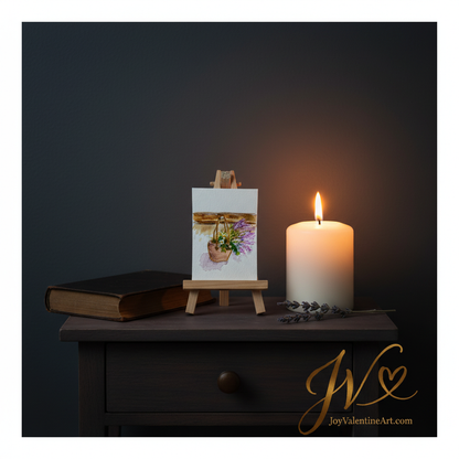 A Little Basket of Joy original acrylic ACEO painting on mini easel with dried lavender vase and candle in warm room scene by Joy Valentine
