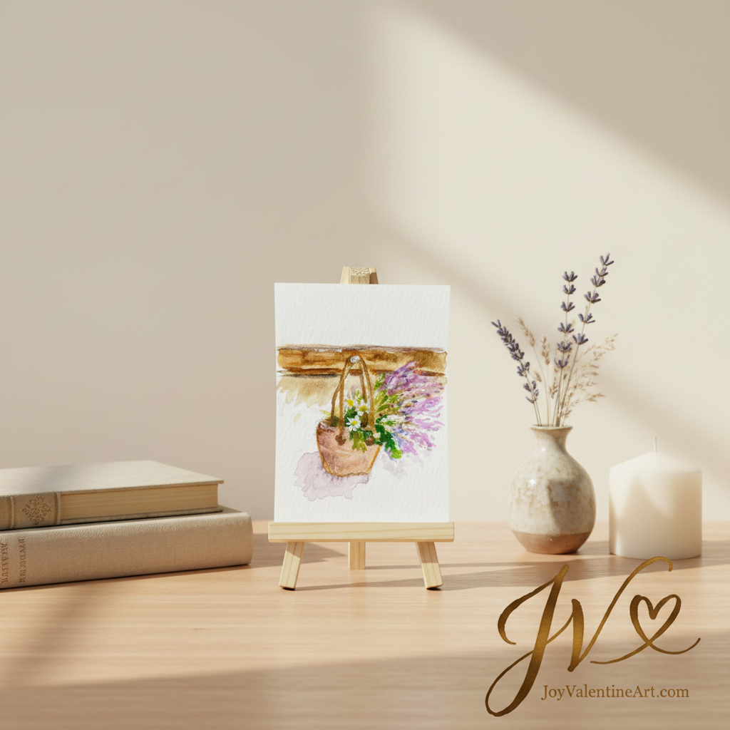 A Little Basket of Joy original acrylic ACEO painting in clear acrylic frame on stacked books by sunny window with rosemary plant by Joy Valentine