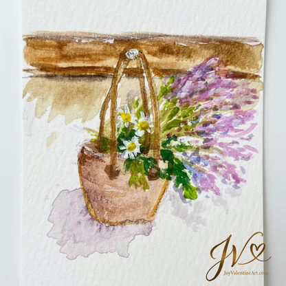 A Little Basket of Joy original acrylic ACEO painting close-up detail showing brushwork and lavender and daisy basket by Joy Valentine
