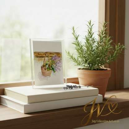 A Little Basket of Joy original acrylic ACEO painting in clear acrylic frame on marble vanity with rose and pearl necklace by Joy Valentine