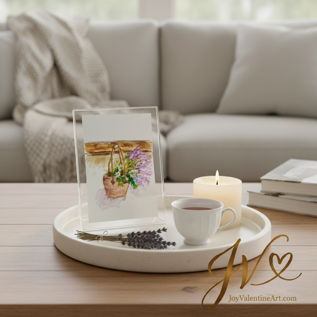A Little Basket of Joy original acrylic ACEO painting on mini easel with books and glowing candle in dark moody room scene by Joy Valentine