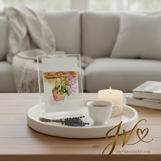 A Little Basket of Joy original acrylic ACEO painting on mini easel with books and glowing candle in dark moody room scene by Joy Valentine
