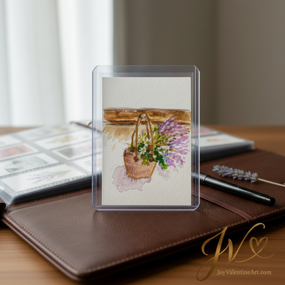 A Little Basket of Joy original acrylic ACEO painting in collector sleeve displayed on leather journal with lavender sprig and pen by Joy Valentine