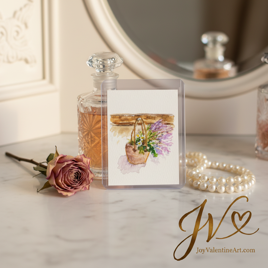 A Little Basket of Joy original acrylic ACEO painting on mini easel on wooden sideboard with white flower and candle by Joy Valentine