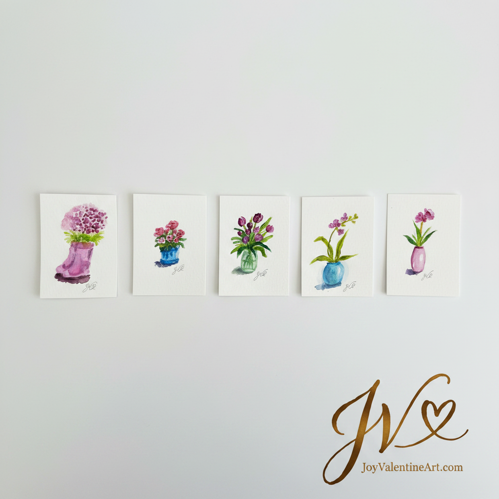 Pink Rainboot Floral Collection original ACEO set of 5 unframed on light grey wall by Joy Valentine