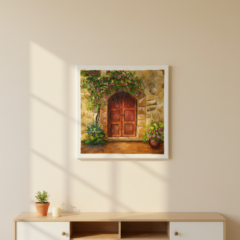 Tuscan arched door — Tuscan arched doorway with climbing vines original acrylic painting by Joy Valentine displayed in lifestyle room setting