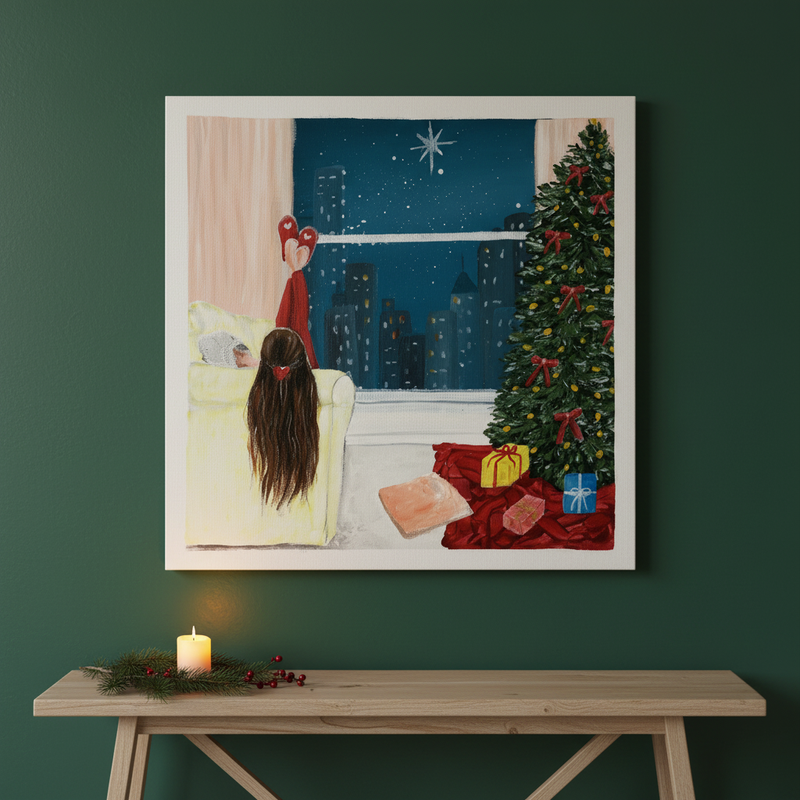 Christmas girl — Girl in Christmas room with decorated tree and snowy window original acrylic painting by Joy Valentine displayed in lifestyle room setting
