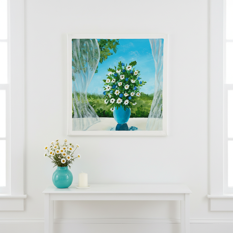 Daisies in window — White daisies in blue vase on sunny windowsill original acrylic painting by Joy Valentine displayed in lifestyle room setting