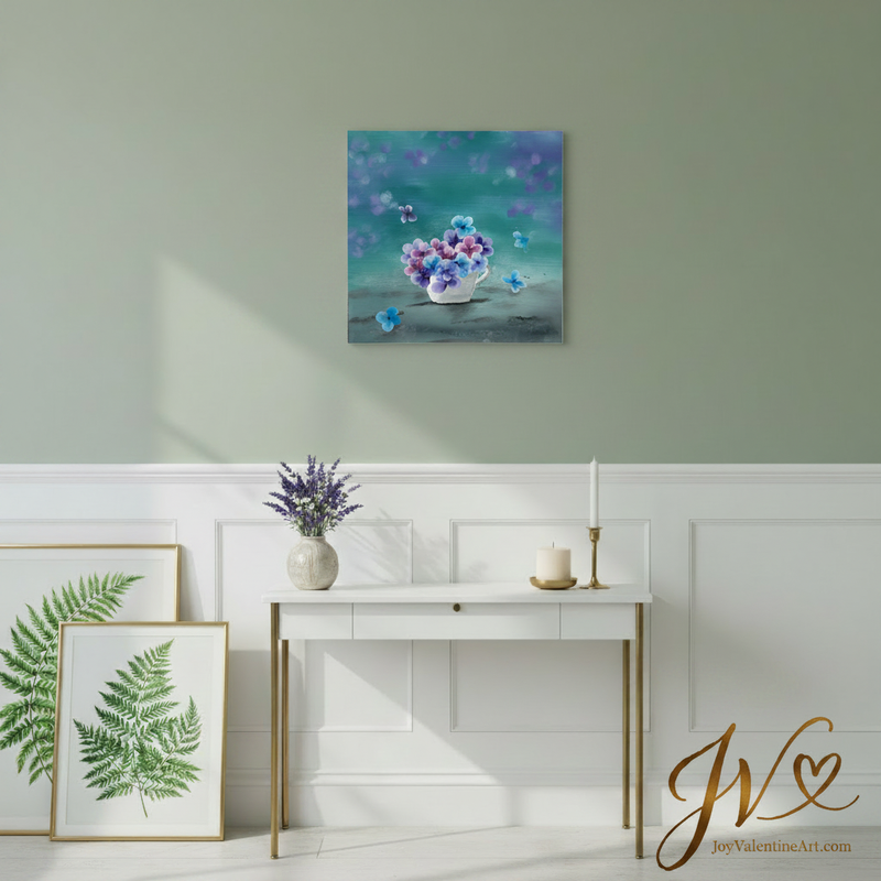 Flowers on teacup acrylic painting oncanvas
