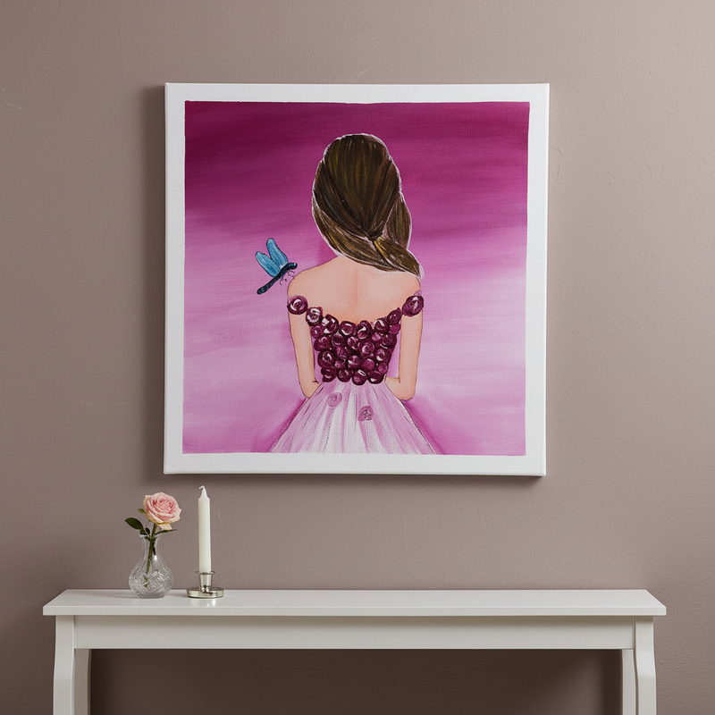 Dragonfly gown woman: Woman in elegant gown with dragonfly original acrylic painting by Joy Valentine displayed in lifestyle room setting