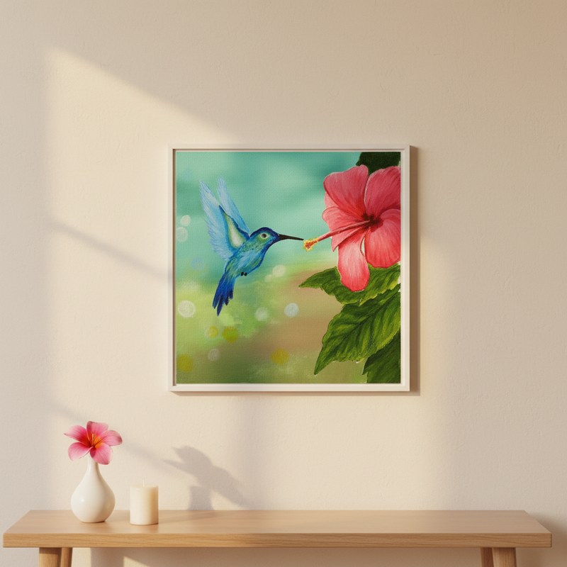 Blue hummingbird & hibiscus — Blue hummingbird and pink hibiscus flower original acrylic painting by Joy Valentine displayed in lifestyle room setting
