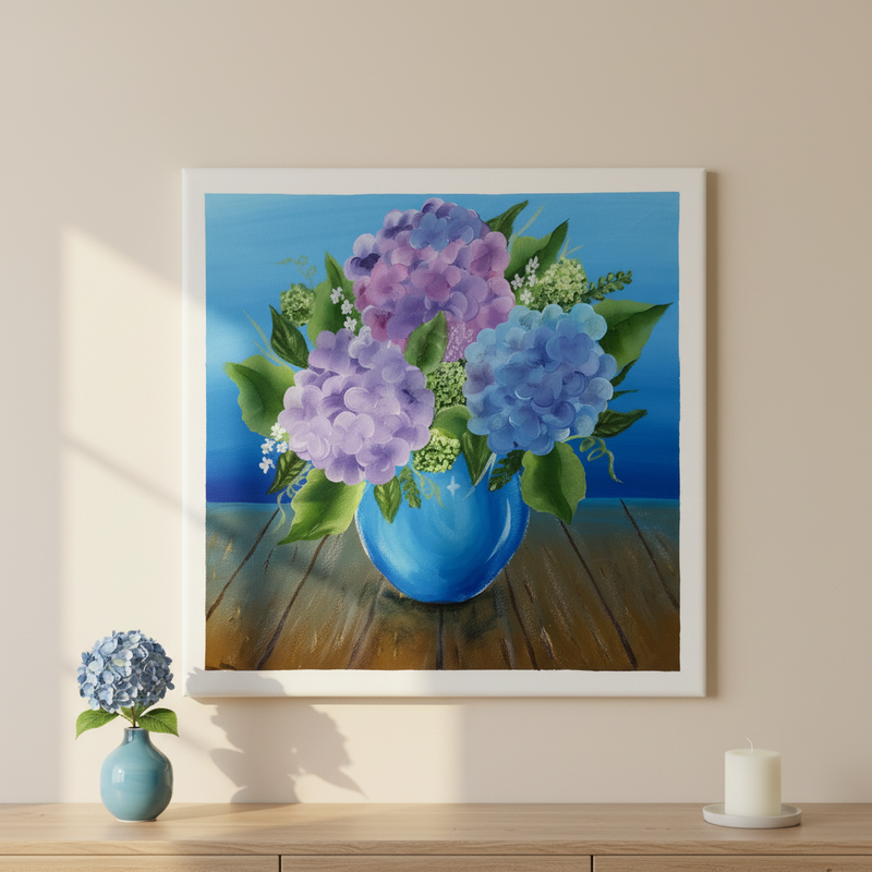 Hydrangeas in blue vase — Blue hydrangeas in blue vase original acrylic painting by Joy Valentine displayed in lifestyle room setting