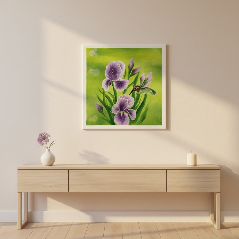 Irises & hummingbird — Purple irises with hummingbird original acrylic painting by Joy Valentine displayed in lifestyle room setting
