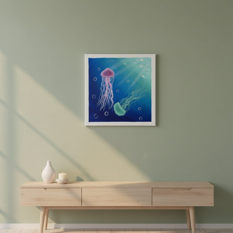 Jellyfish — Pink and mint jellyfish floating in deep blue ocean original acrylic painting by Joy Valentine displayed in lifestyle room setting