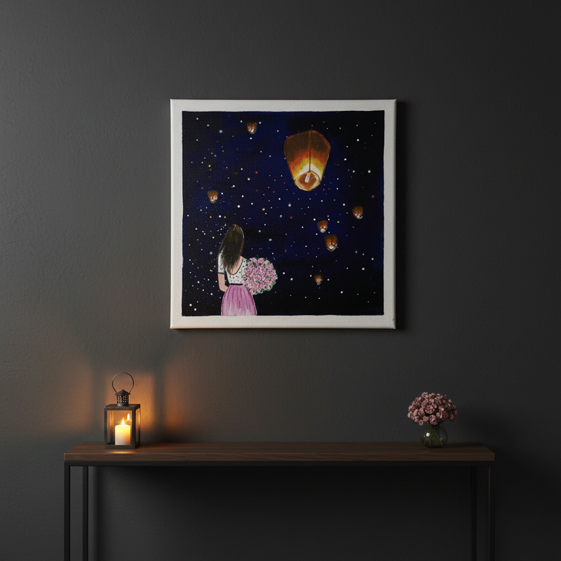 Sky lanterns girl — Girl releasing glowing sky lanterns into night sky original acrylic painting by Joy Valentine displayed in lifestyle room setting
