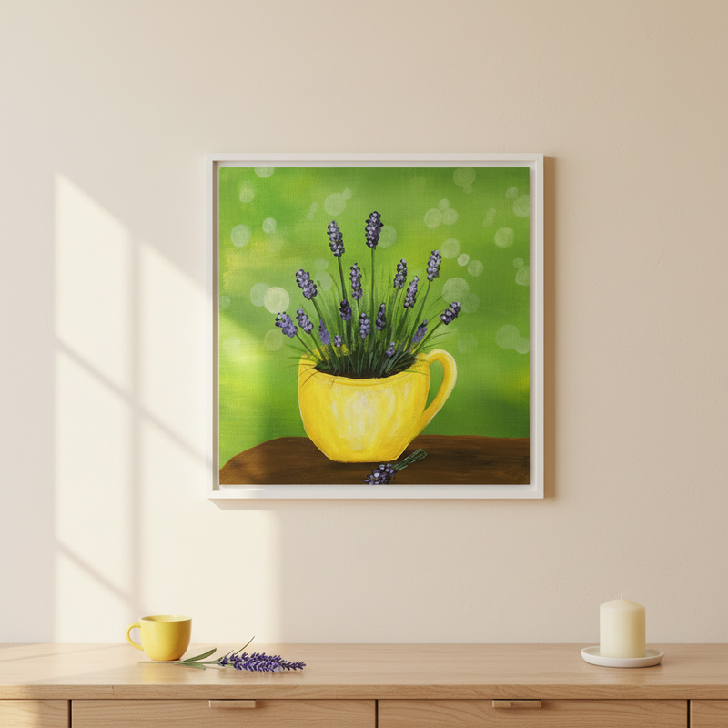 Lavender in yellow teacup — Purple lavender sprigs in yellow teacup original acrylic painting by Joy Valentine displayed in lifestyle room setting
