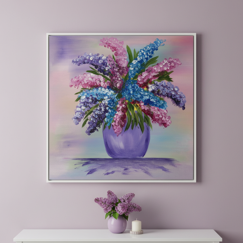 Lilac bouquet — Lilac bouquet in purple vase original acrylic painting by Joy Valentine displayed in lifestyle room setting