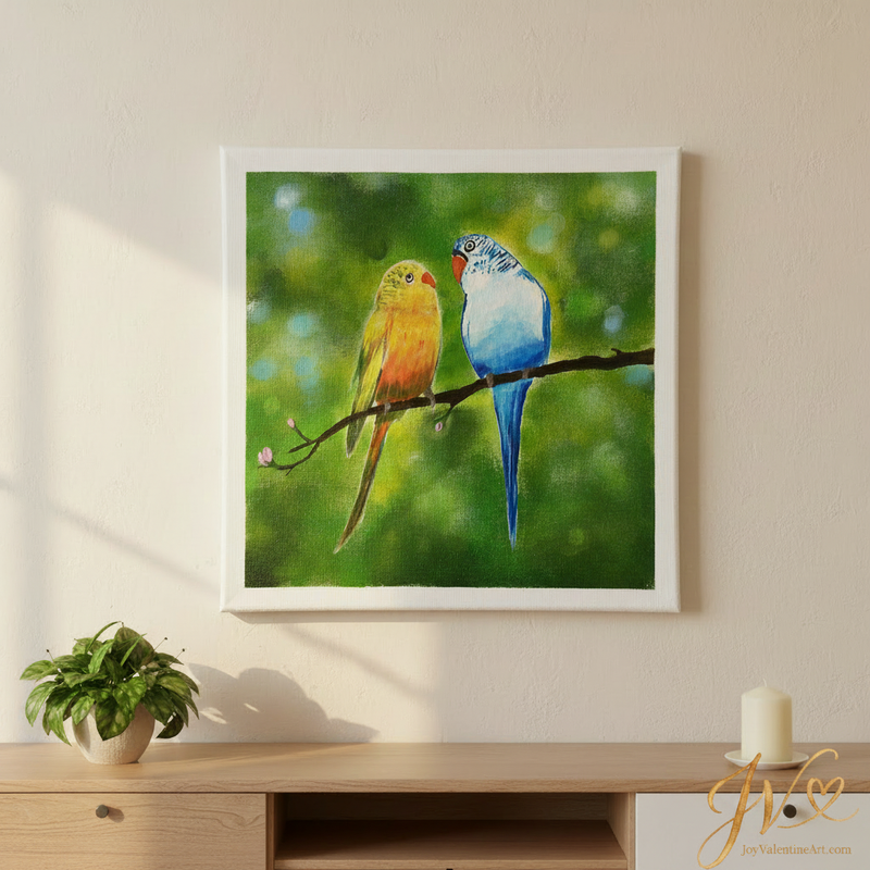 Lovebirds — Two lovebirds perched on a branch original acrylic painting by Joy Valentine displayed in lifestyle room setting