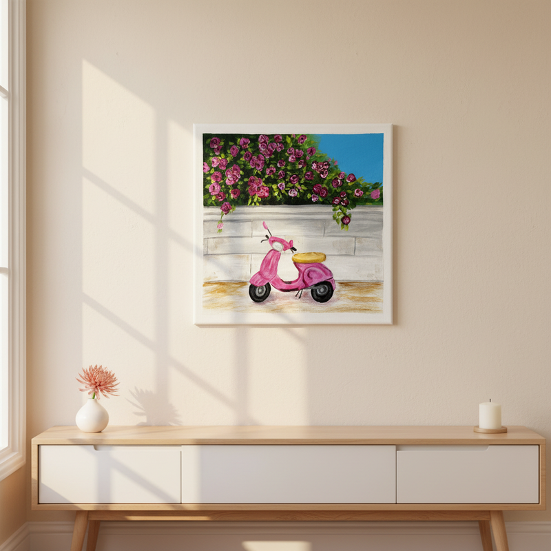 Pink Vespa & roses — Pink Vespa scooter with roses on cobblestone street original acrylic painting by Joy Valentine displayed in lifestyle room setting
