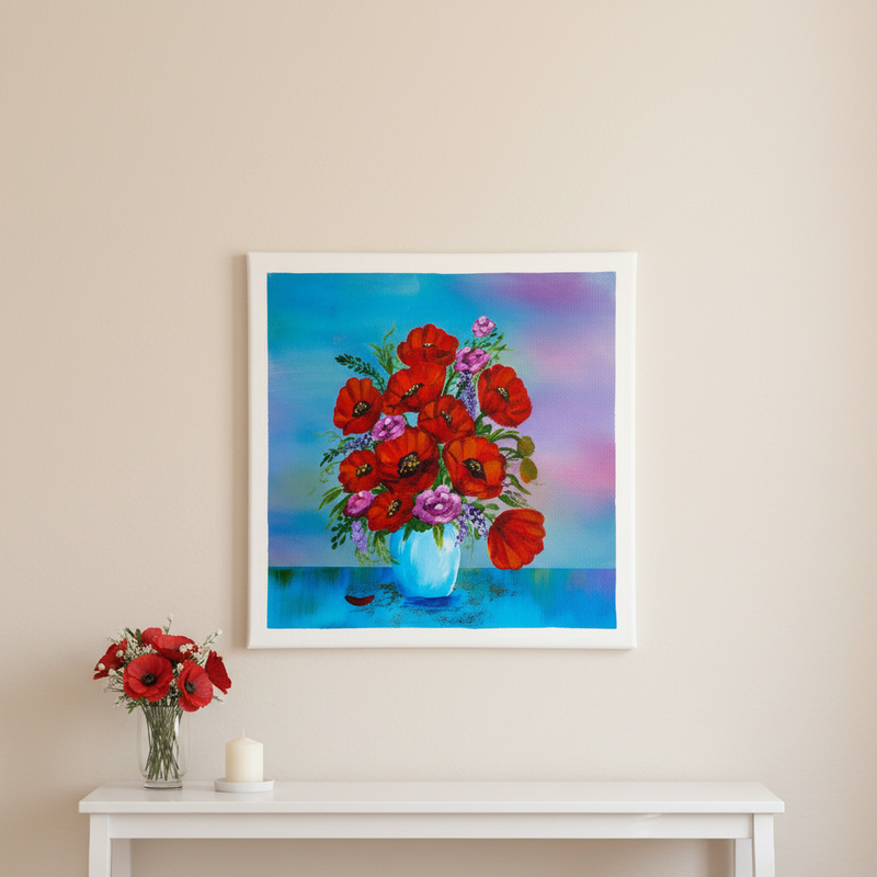 Red roses/poppies on blue — Red roses and poppies on blue background original acrylic painting by Joy Valentine displayed in lifestyle room setting
