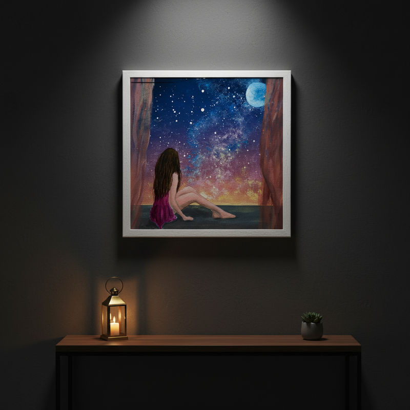 Stargazing girl — Girl in pink dress gazing at starry night sky original acrylic painting by Joy Valentine displayed in lifestyle room setting