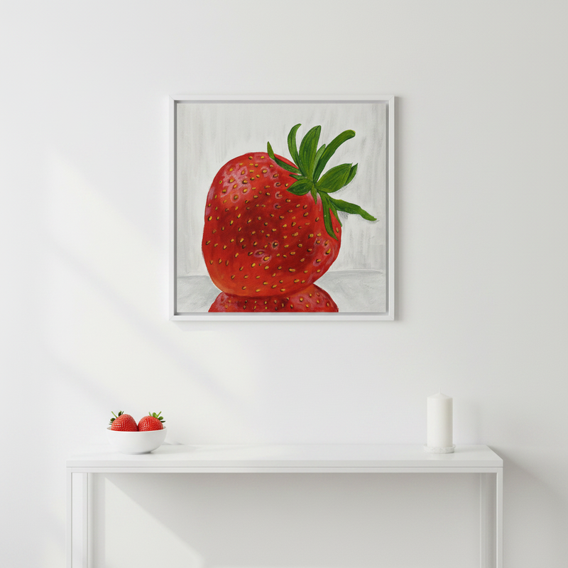 Strawberry — Large red strawberry bold graphic original acrylic painting by Joy Valentine displayed in lifestyle room setting