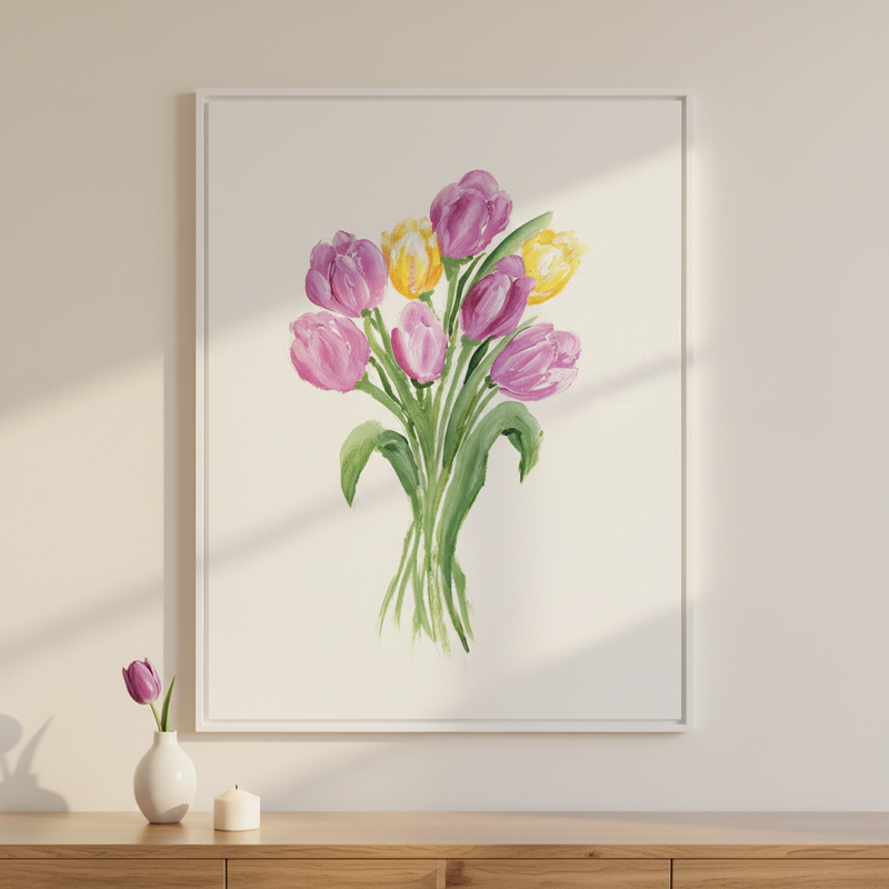 Purple & yellow tulips — Purple and yellow tulips bouquet original acrylic painting by Joy Valentine displayed in lifestyle room setting