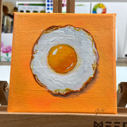 Sunny Side Up mini original acrylic painting on easel in artist studio by Joy Valentine
