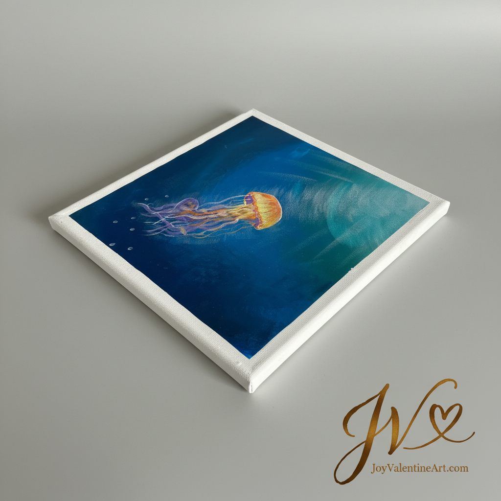 Ocean Glow Jellyfish Dance original acrylic painting angled lay flat view by Joy Valentine
