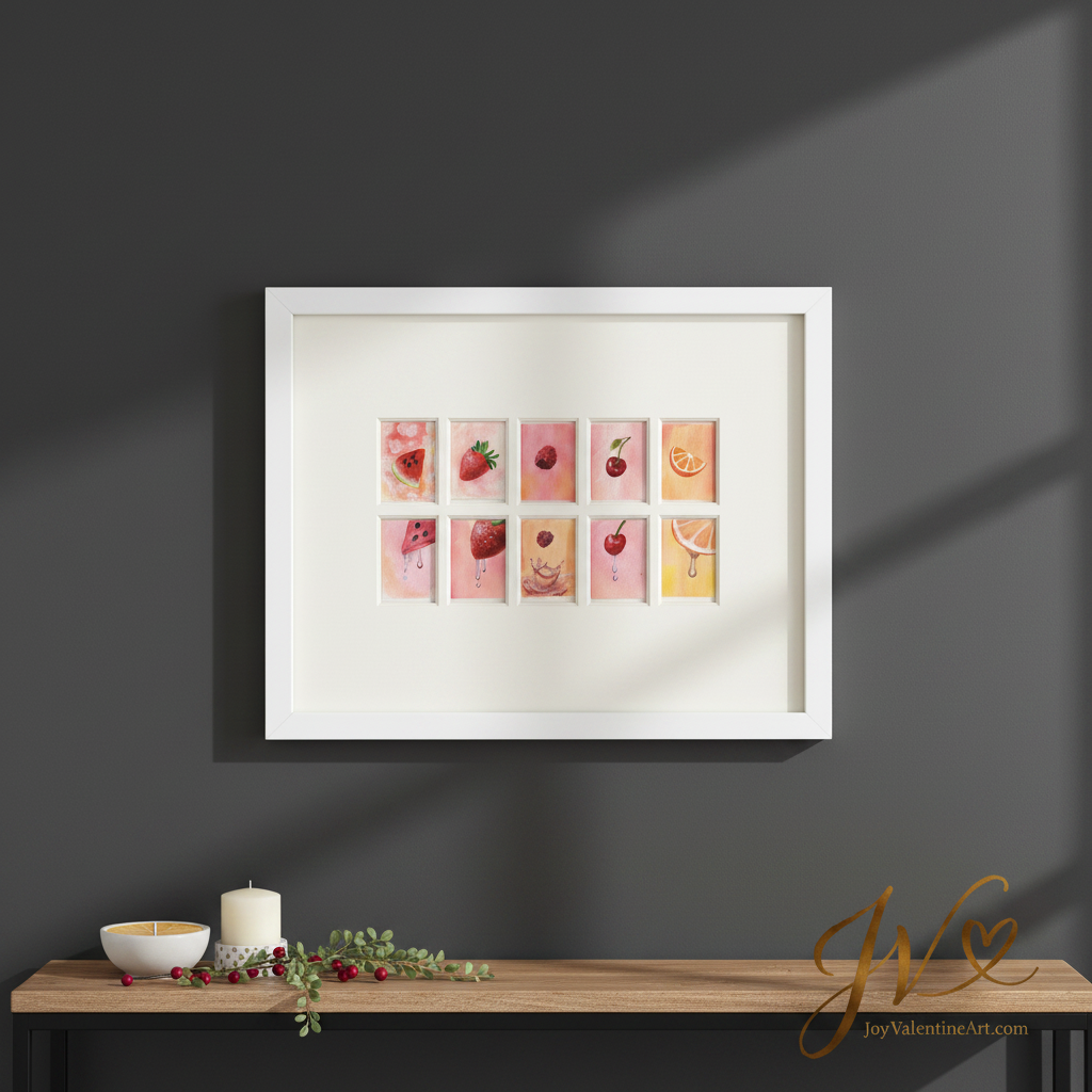 Summer Fruits original ACEO set lifestyle dark background by Joy Valentine