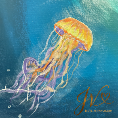 Ocean Glow Jellyfish Dance original acrylic painting close-up detail brushwork by Joy Valentine
