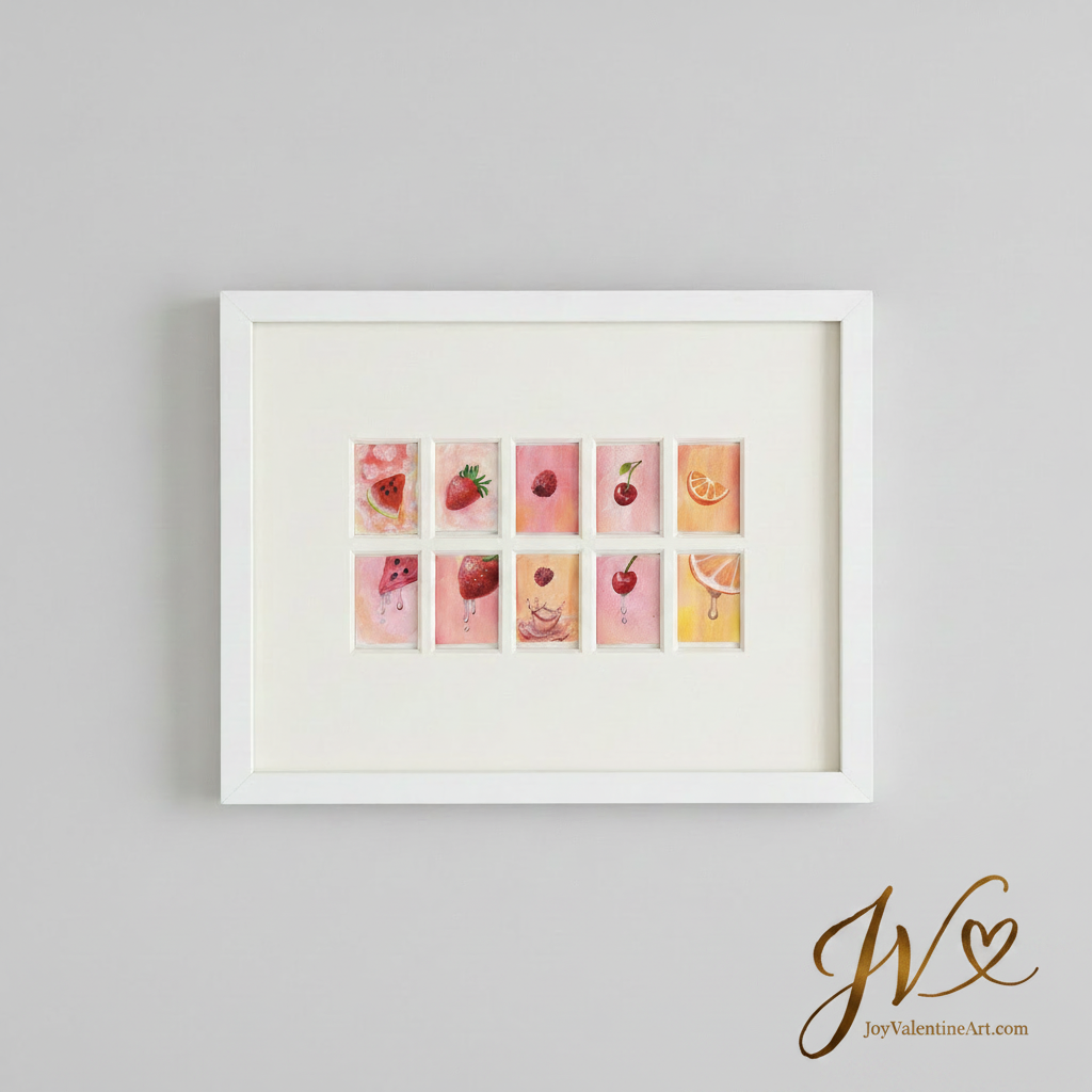 Summer Fruits original ACEO set of 10 framed gallery wall art by Joy Valentine