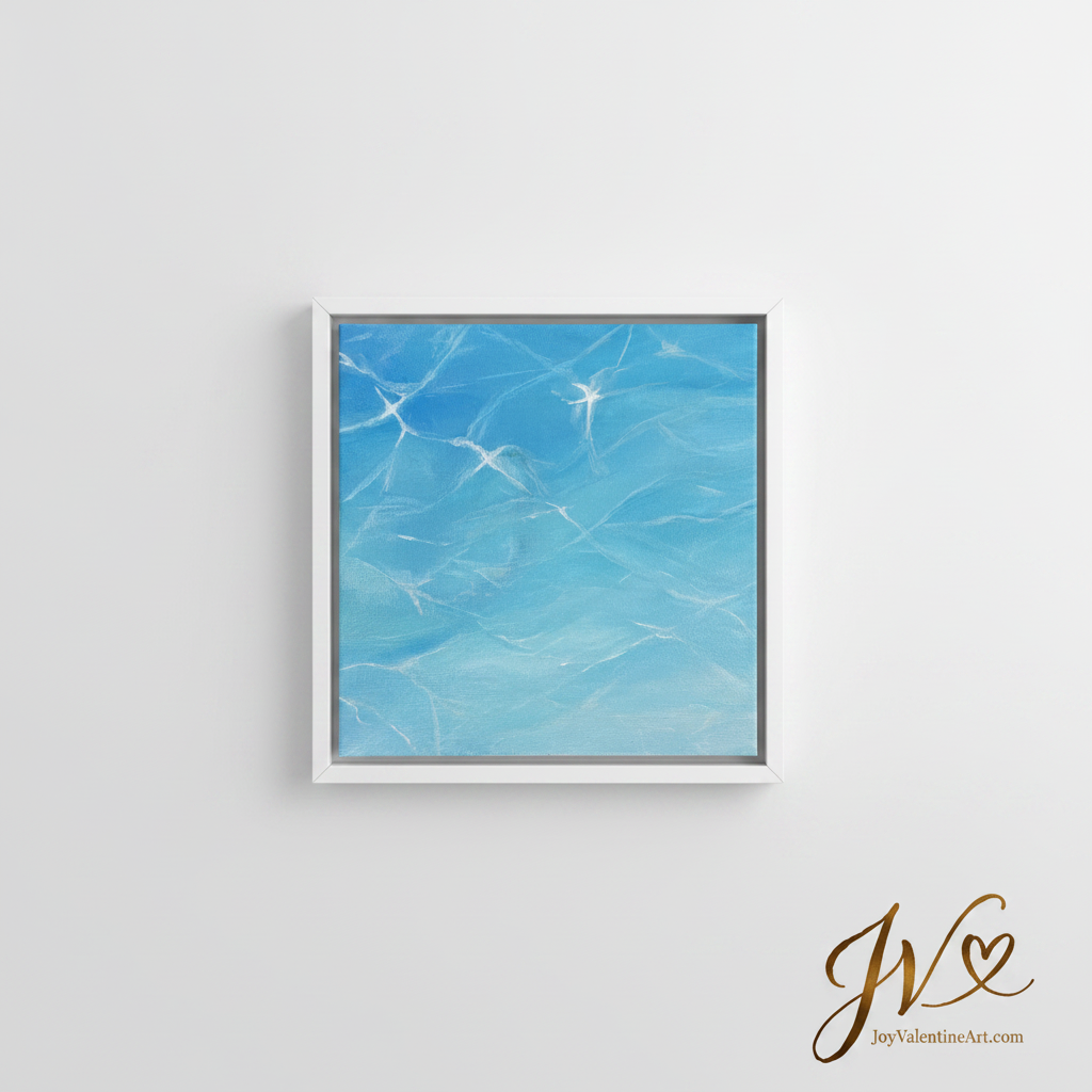 Sunlit Whispers original acrylic painting in white frame on light grey wall by Joy Valentine