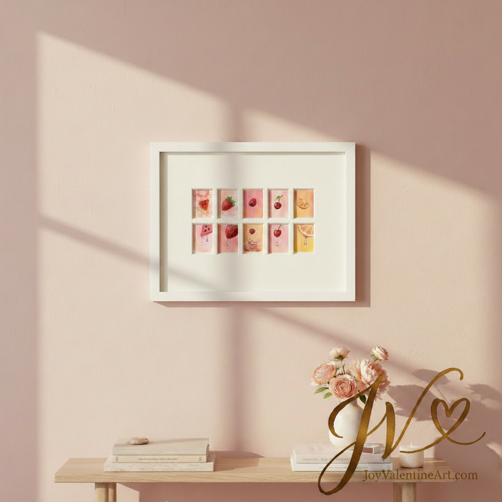 Summer Fruits original ACEO set lifestyle light background by Joy Valentine