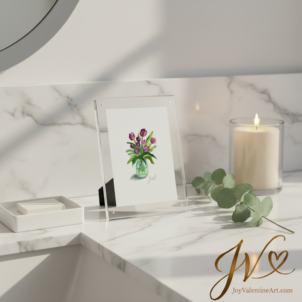 Pink Rainboot Floral Collection original ACEO set bathroom vanity display by Joy Valentine