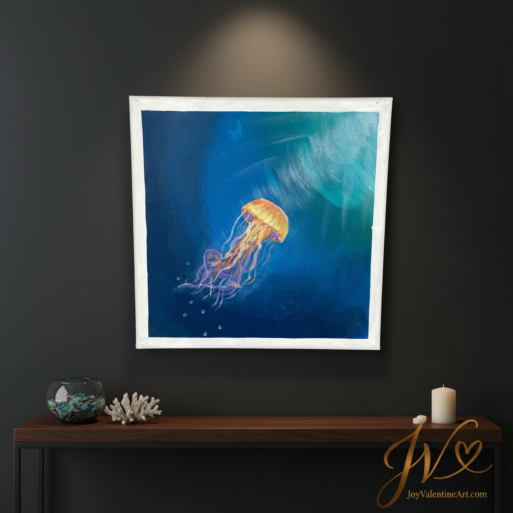 Ocean Glow Jellyfish Dance original acrylic painting lifestyle room scene by Joy Valentine