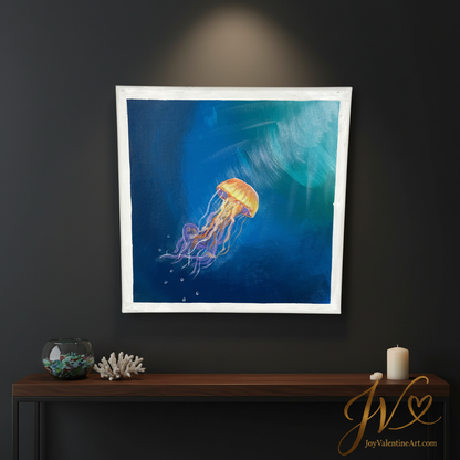 Ocean Glow Jellyfish Dance original acrylic painting lifestyle room scene by Joy Valentine
