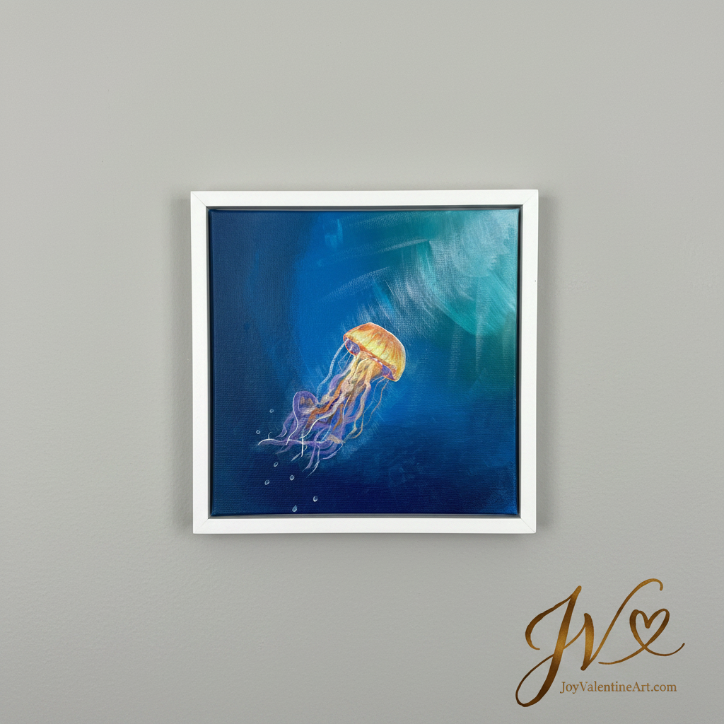 Ocean Glow Jellyfish Dance original acrylic painting in white frame on light grey wall by Joy Valentine