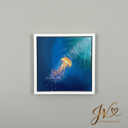 Ocean Glow Jellyfish Dance original acrylic painting in white frame on light grey wall by Joy Valentine