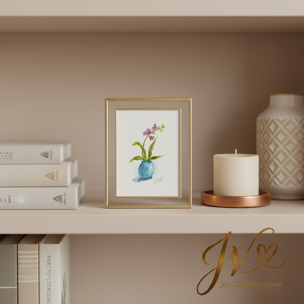 Pink Rainboot Floral Collection original ACEO blue round pot living room display by Joy Valentine