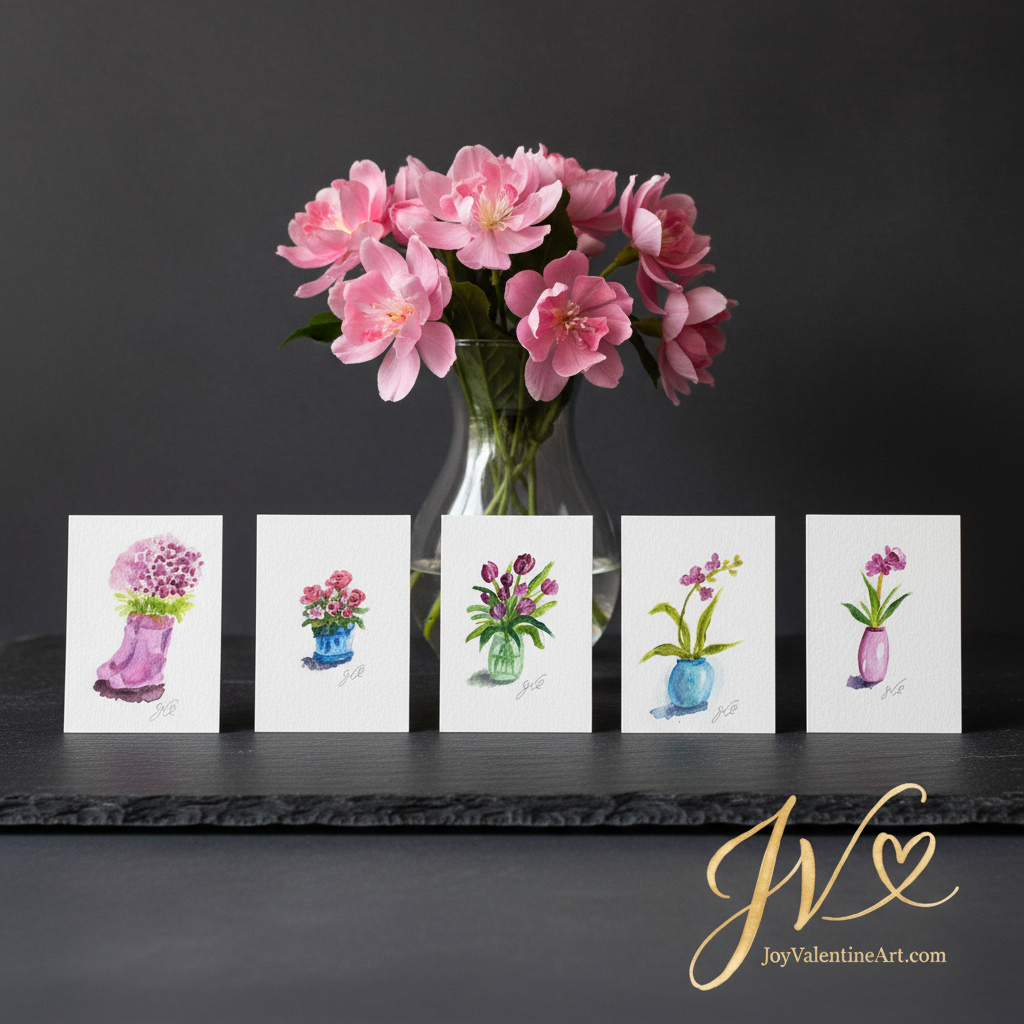 Pink Rainboot Floral Collection original ACEO set of 5 dark lifestyle scene by Joy Valentine