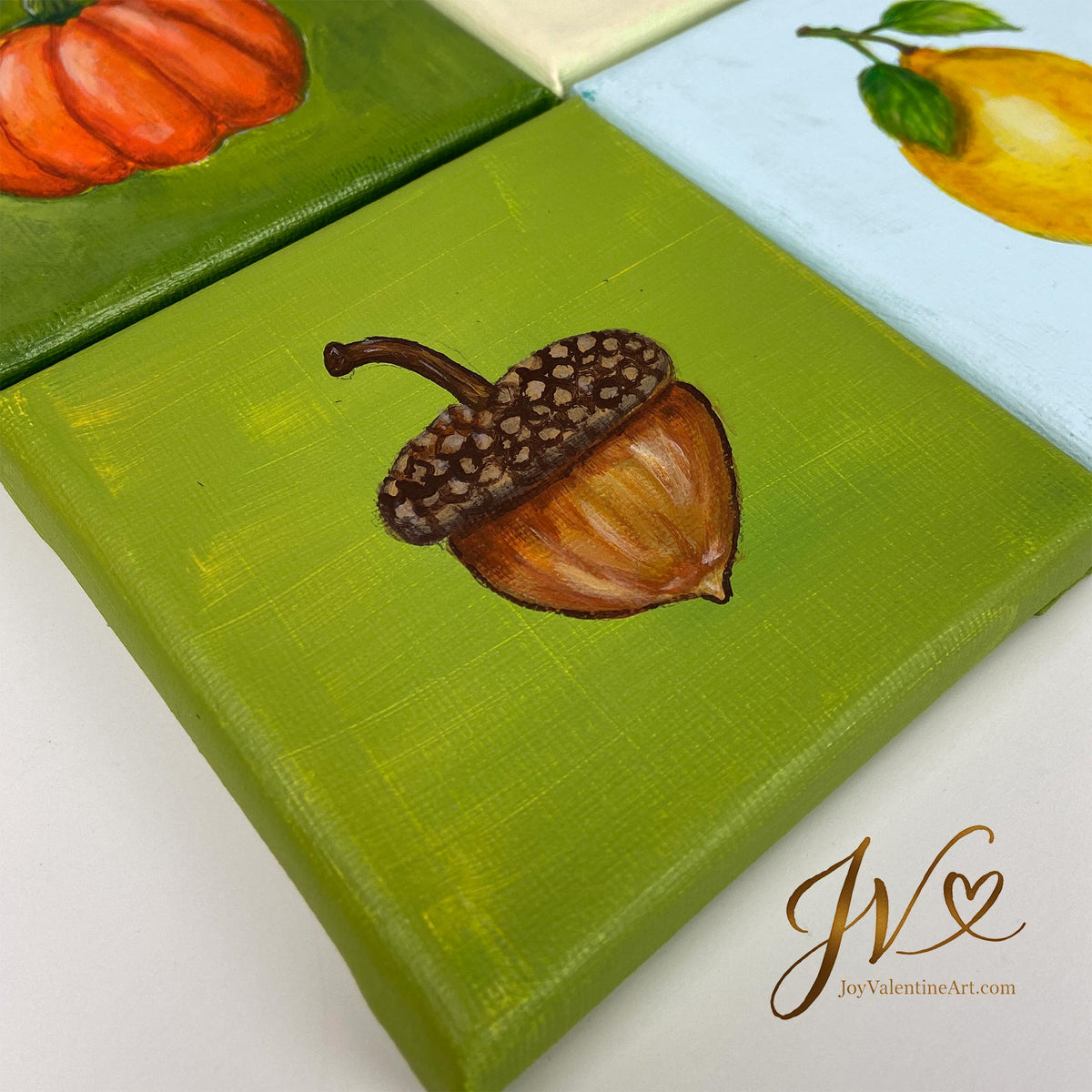 Mini Painting Mighty Little Acorn original acrylic painting angled lay flat by Joy Valentine