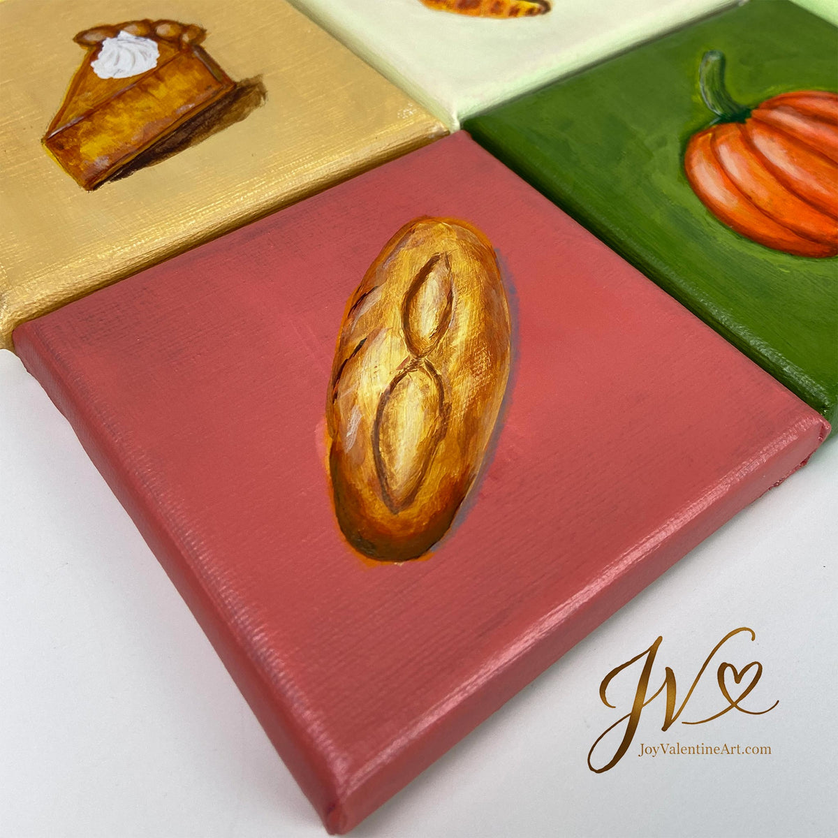 Mini Painting Le Petit Baguette original acrylic painting angled lay flat by Joy Valentine