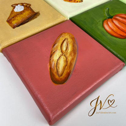 Mini Painting Le Petit Baguette original acrylic painting angled lay flat by Joy Valentine
