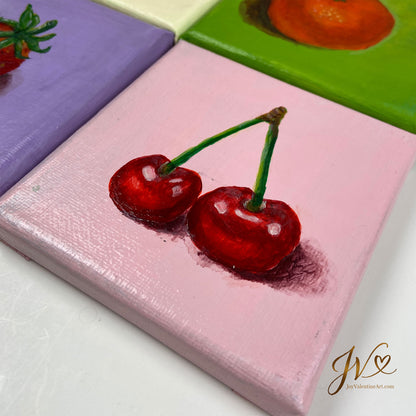 Mini Painting Cherries original acrylic painting angled lay flat by Joy Valentine
