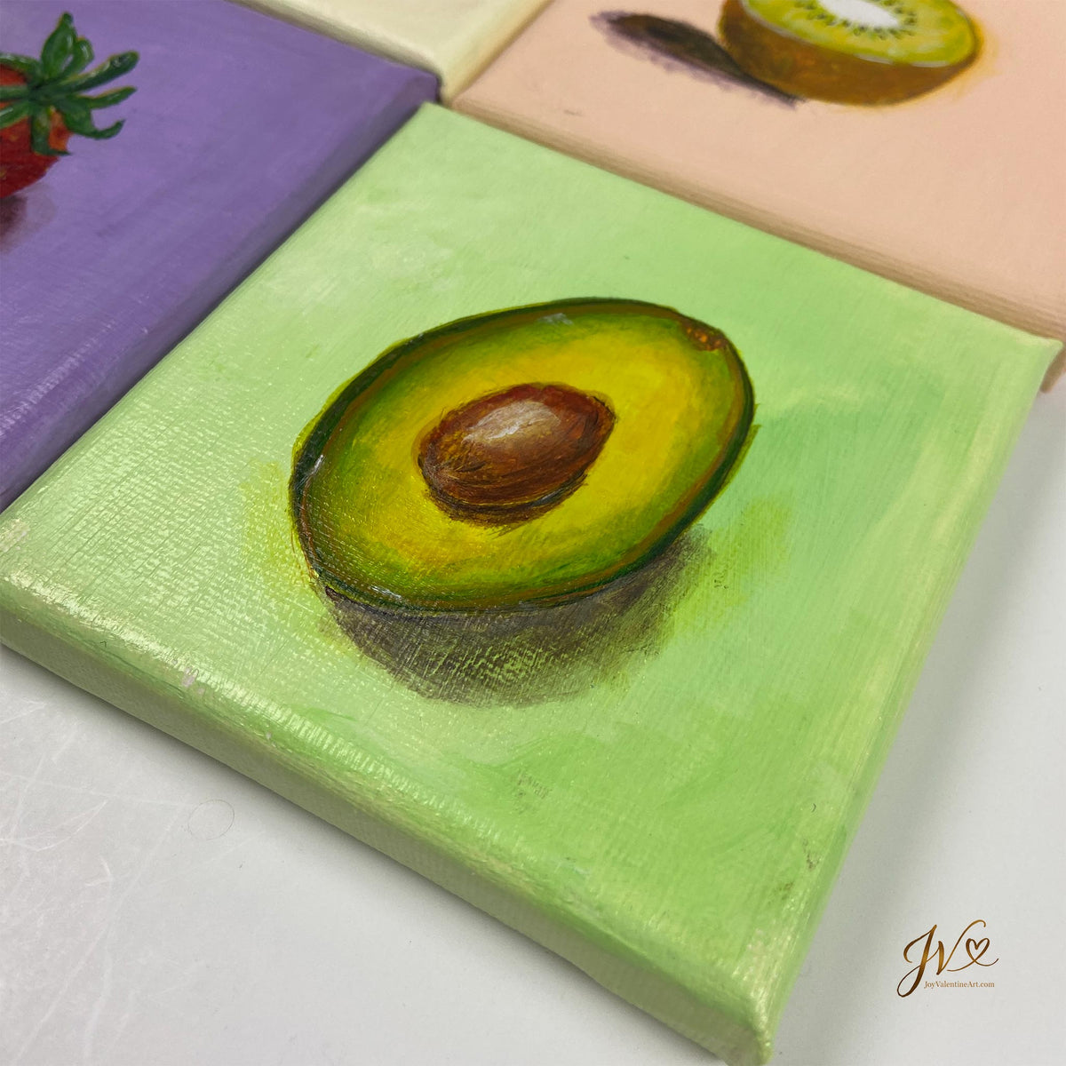 Mini Painting Half Avocado original acrylic painting angled lay flat by Joy Valentine