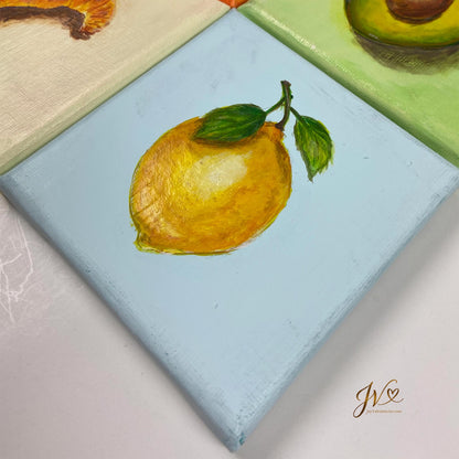 Mini Painting Lemon original acrylic painting angled lay flat by Joy Valentine